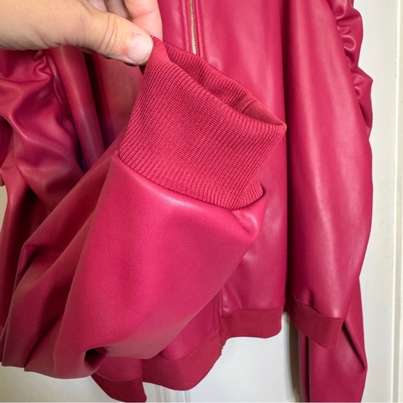 Ashley Stewart Plus Size Faux Leather Ruched Bomber Jacket Hot Pink Ruffle 32 5X - Picture 9 of 13